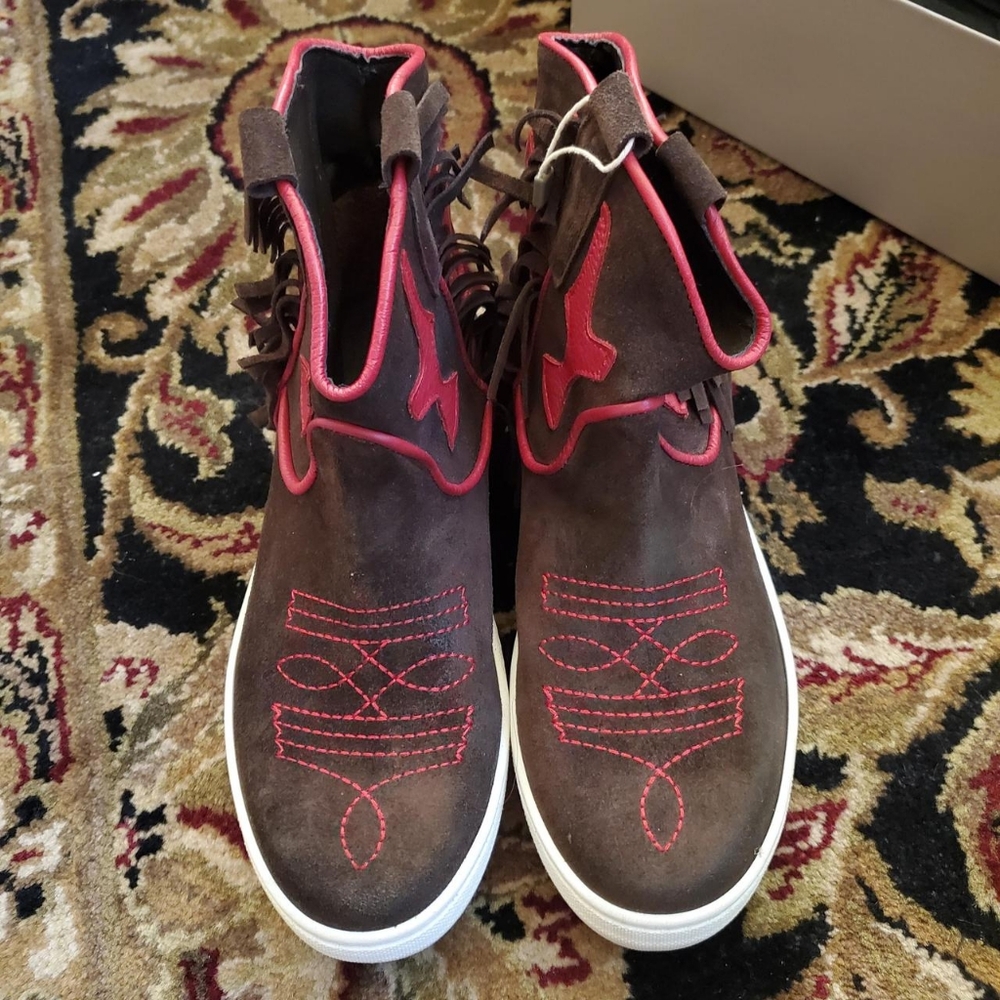 Red and Brown Ankle Booties with Elastic Panels